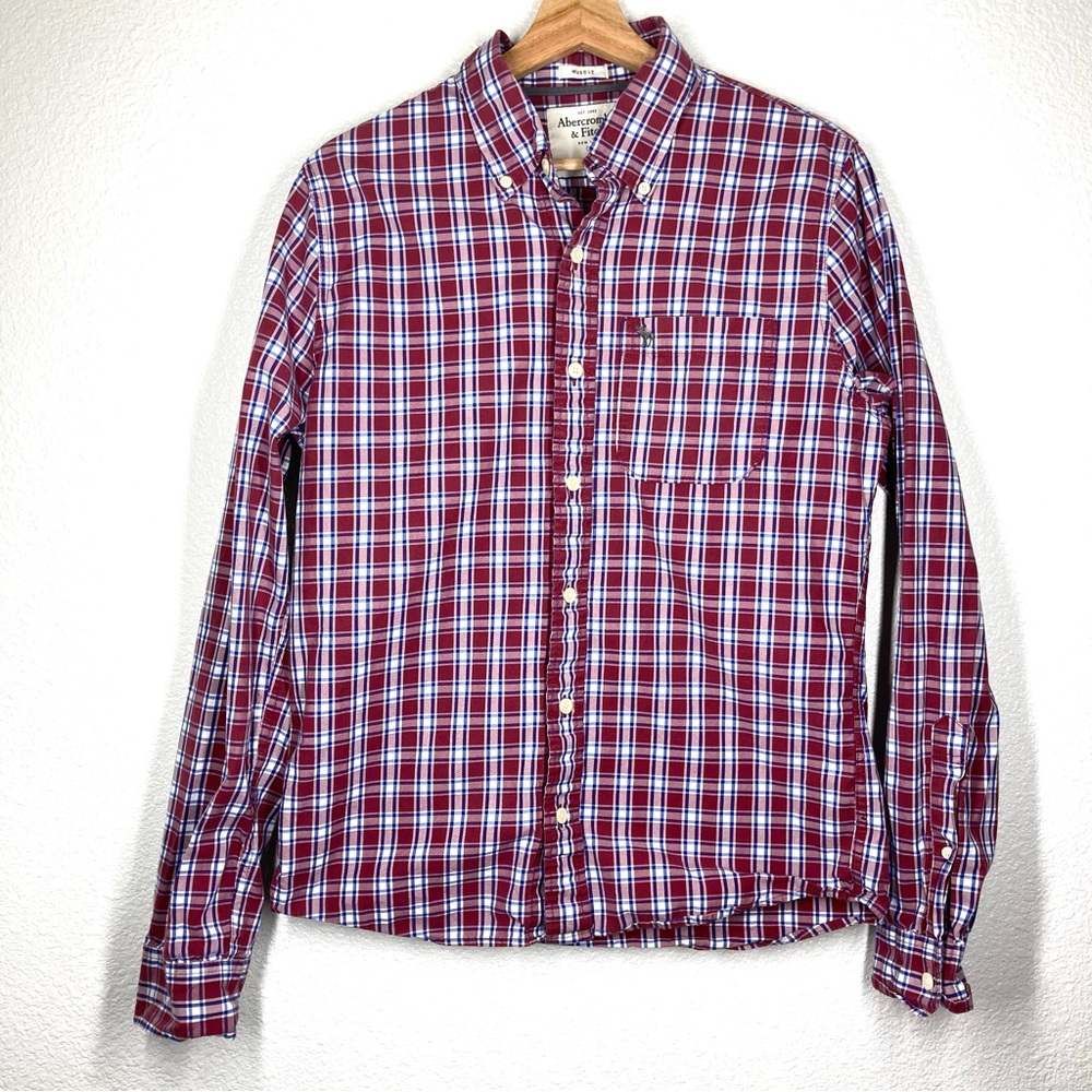 Abercrombie & Fitch  Mens Muscle Shirt Plaid Button Down Cotton Red Blue